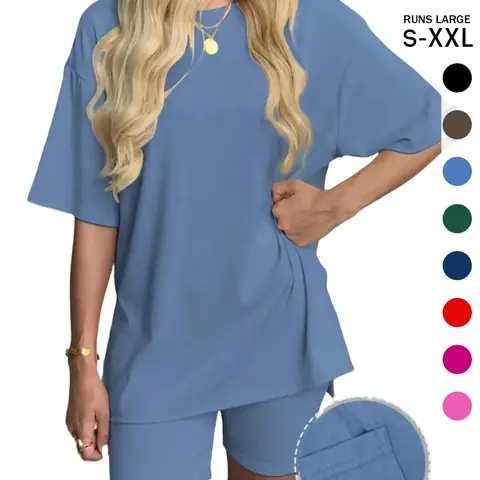 Women's Solid Color T-Shirt and Tight Shorts Set, Casual Summer Comfort Round Neck Sleepwear Loungewear, Pocket Design, Outdoor Wear, Lounge Clothes