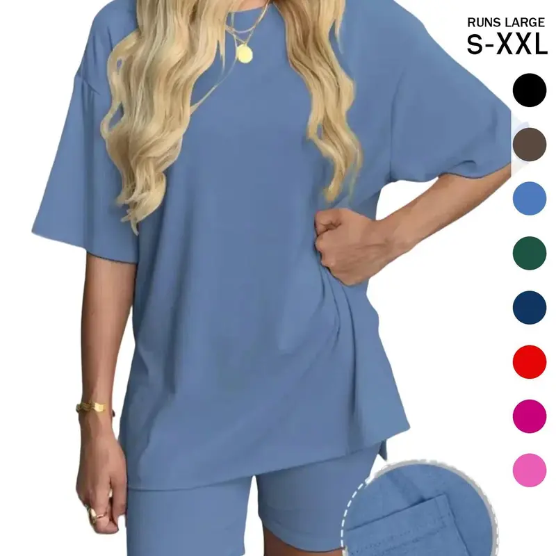 Women's Solid Color T-Shirt and Tight Shorts Set, Casual Summer Comfort Round Neck Sleepwear Loungewear, Pocket Design, Outdoor Wear, Lounge Clothes