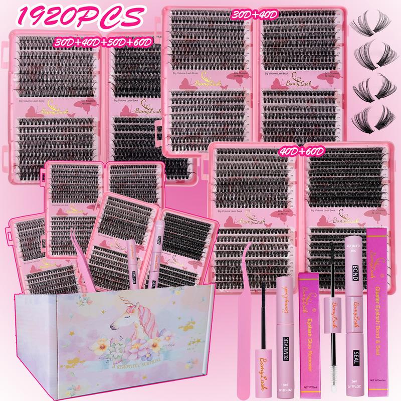 1920-Piece Lash Clusters Kit, 10–18 mm D Curl, 30D/40D/50D/60D, 4 Styles Natural Volume Individual Eyelashes Set with Lash Bond & Seal, Remover & Tweezers, Easy DIY at Home, Ideal for Daily Makeup & Beginners