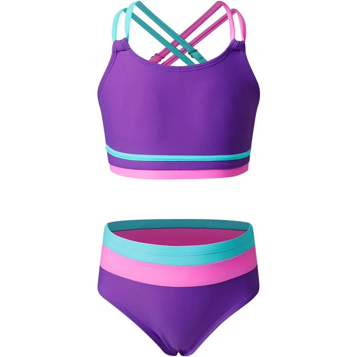 Girls 2 Piece Color Block Swimsuit Bikini Set Size 6-15Y | Cute Fashion Beach Swimwear for Tween Teen Girls, Adjustable Straps, High Waisted, Removable Chest PadsGift