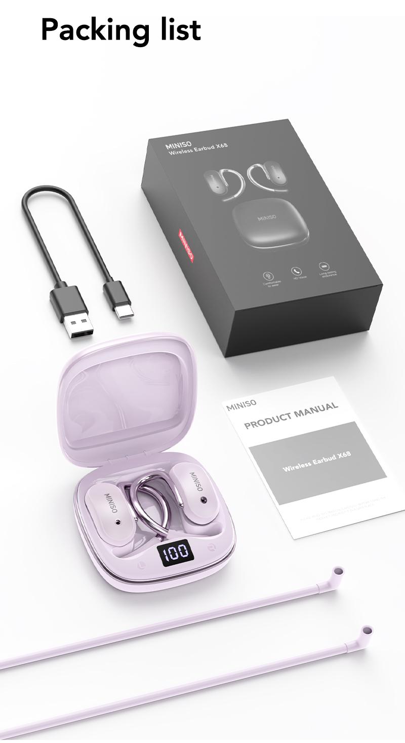 MINISO X68 True Wireless Open Ear Earbuds Bluetooth 5.4 HIFI Sound Quality Sports Headphones OWS Earbuds Gaming with Low Latency Touch Control IPX5 Waterproof With microphone Earphones