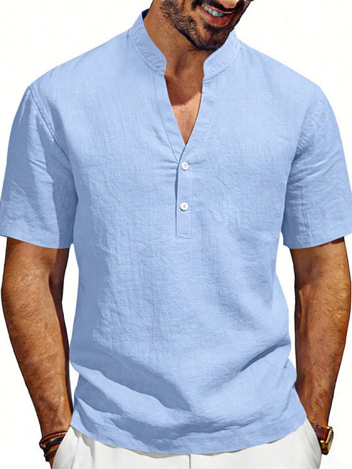 Men's Summer Loose Fit Linen Casual Breathable Henry V Neck Short Sleeve Shirt, Cross-Border American Style Commuter Top