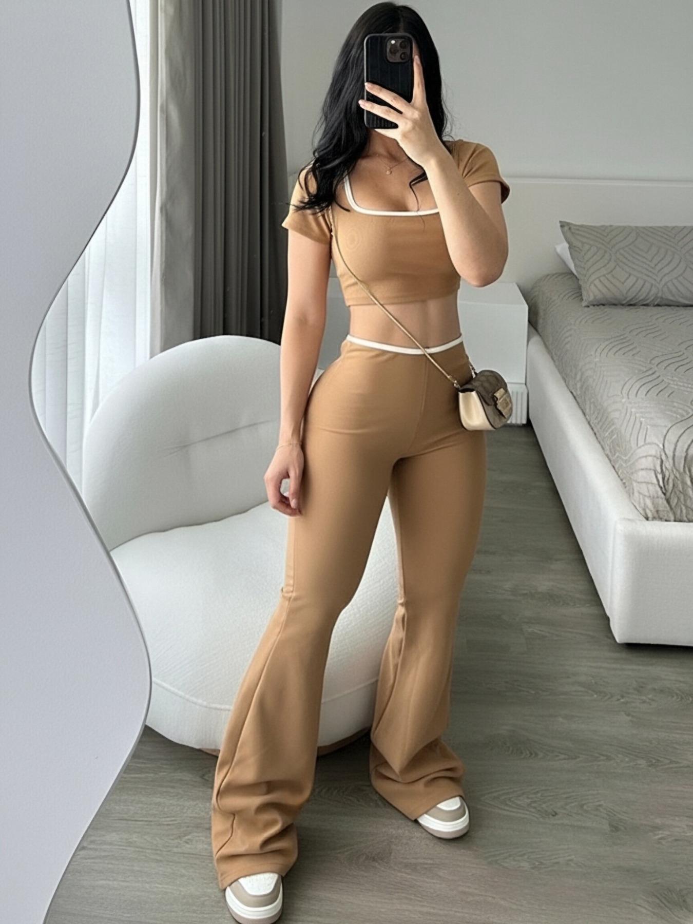 Square Neck Short Sleeve Top with High Waist Bell Flared Pants, Color Block Trim, Slim Fit, Elegant Fashion, Women's Casual