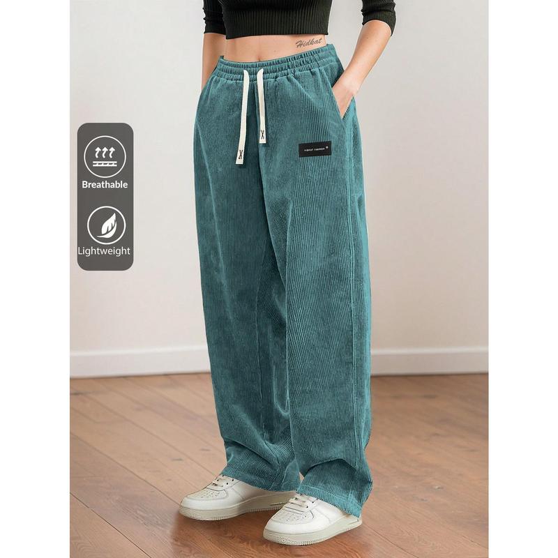 Women's Corduroy Straight Leg Pants - Drawstring Elastic Waist, Comfortable Loose Fit, Flattering Silhouette - Versatile Casual Pants for Daily Wear, Sports & Hiking | Spring Autumn Outfits