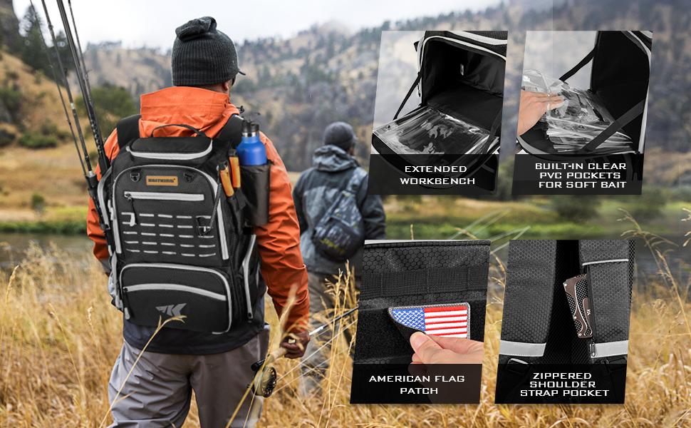 KastKing Bait Boss Fishing Tackle Backpack with Rod Holders-4 Tackle Boxes-Rain Cover,43L Large Storage for Fishing Gear