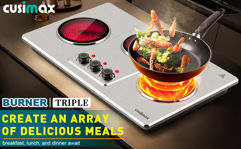CUSIMAX Hot Plate Electric Countertop Infrared Triple Burner with 7 Ceramic Glass Cooktop 11 Level Temperature Setting 1800W Power for All Cookware electric hot plate Double Stove burner built-in electric stove top Portable level temperature control cookt