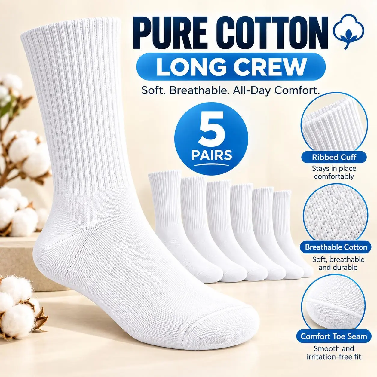 White Athletic Crew Socks for Men & Women, Breathable Moisture-Wicking Odor Control Sports Socks with 3 Length Options for Gym, Running, Work & Everyday Wear