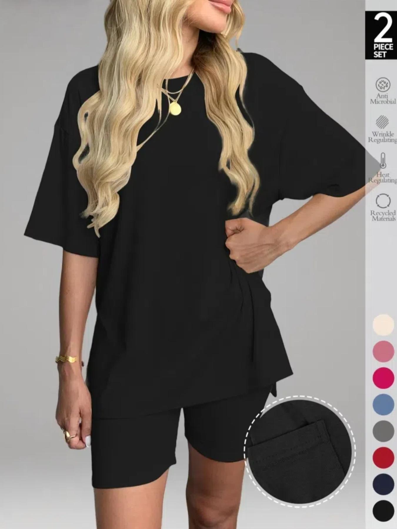 Women's solid color T-shirt and fitted shorts loungewear set, summer casual comfortable round-neck pajamas with pockets, loose fit, affordable women's sleepwear