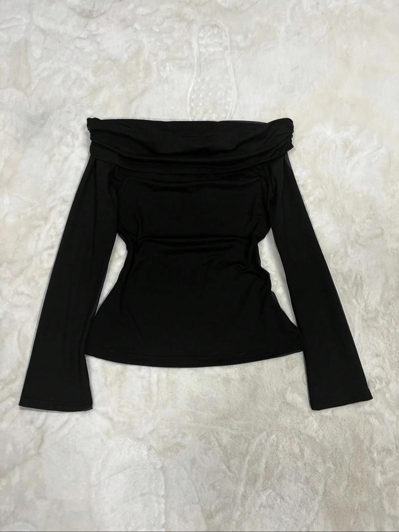 Women's Casual Knitted Shoulderless Long Sleeve Top, Slim-Fitting Plain Design, Perfect for Vacation and Commuting, Fall & Winter Fashion