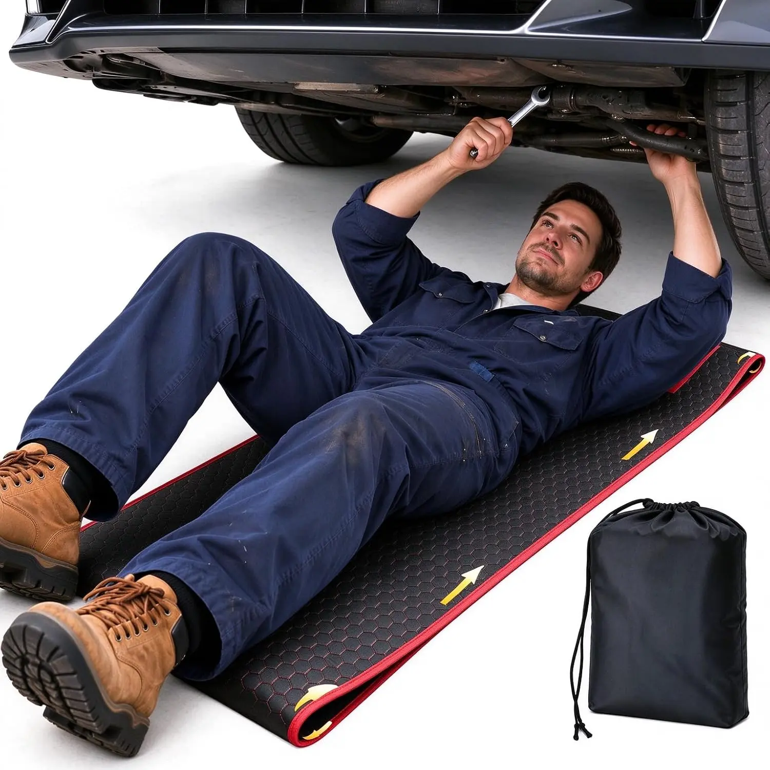 Roll-Up Mechanic Creeper Mat for Low Profile ,60x28in Padded Under  Repair Pad with Storage Bag, Portable Garage Work Mat for Automotive Repair, Gravel, Roadside, RV, SUV & , [RED]