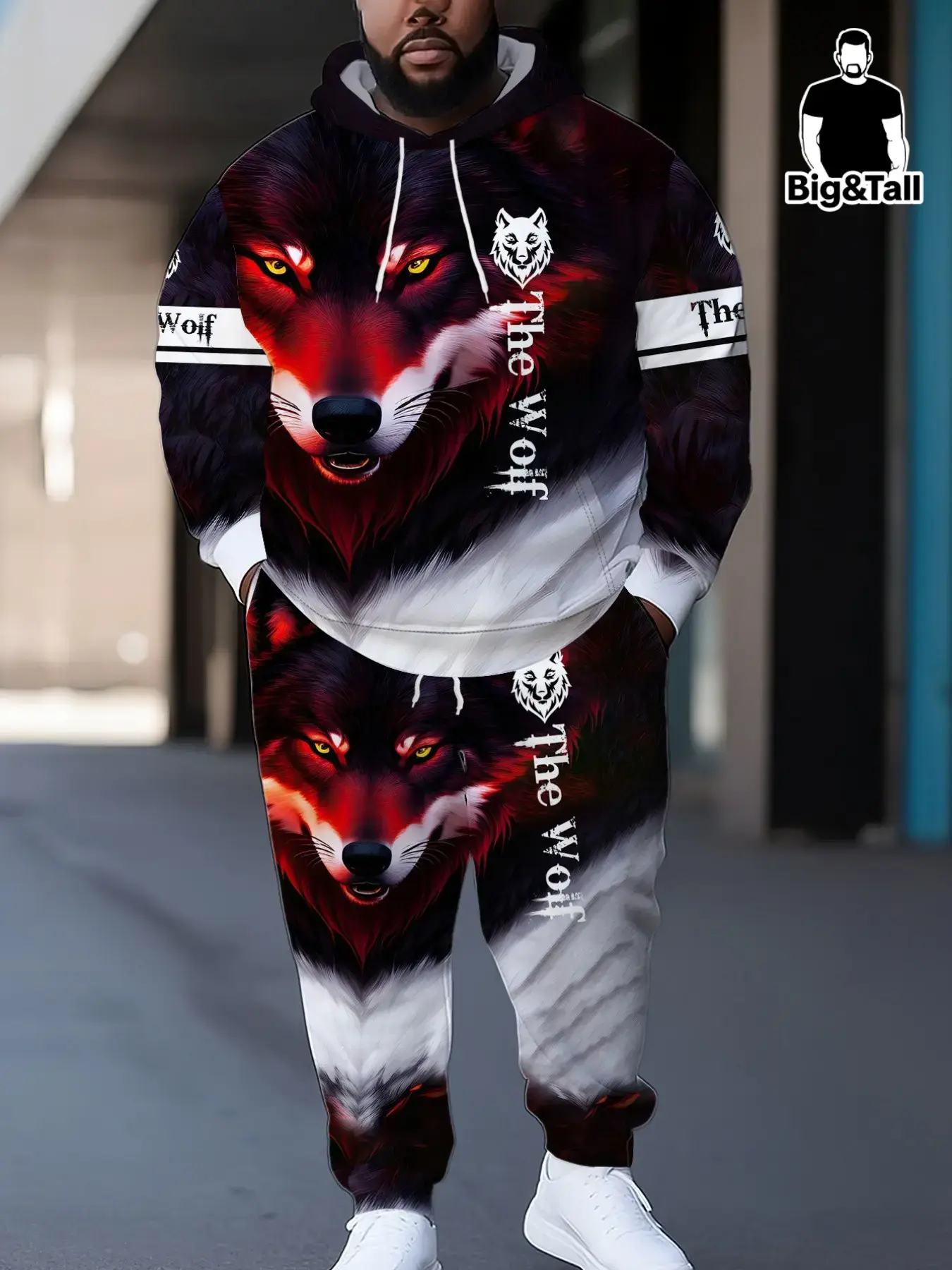 Gradient Eye Wolf King the Wolf Letter 3D Full Print Plus Size Men's Hooded Sports Set, Hoodie Sweatsuit Set, Casual Long Sleeve Sweatshirt Graphic Tracksuit