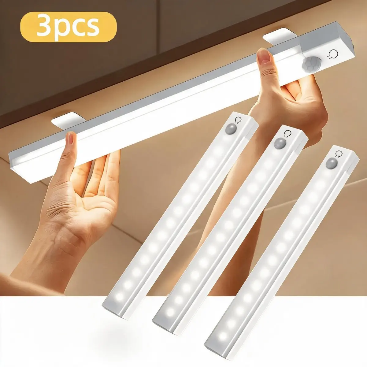3-Pack Motion Sensor Night Light, USB Rechargeable LED Cabinet Lights, Magnetic Stick-On, Auto On/Off, Wireless Motion Activated Light for Closet, Stairs, Kitchen, Bedroom, Hallway, Bathroom, Dusk to Dawn, Interior Led Lights