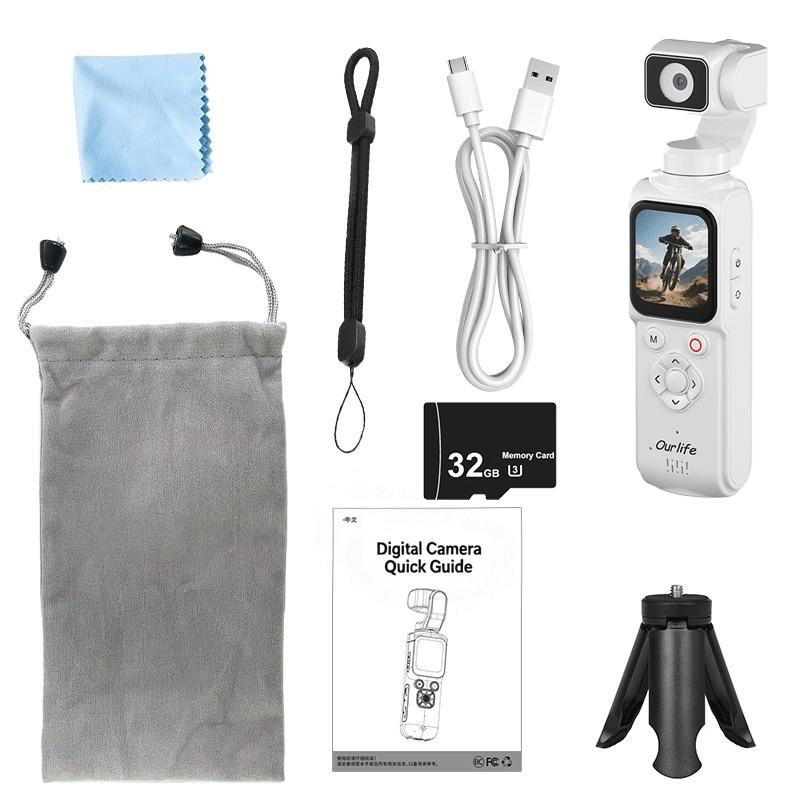 Ourlife At-M105 Camera with 32GB Memory Card, 1 Inch Cmos 4K Video, Three-Axis Gimbal Stabilizer, Fast Focus, Face Recognition, Portable Camcorder