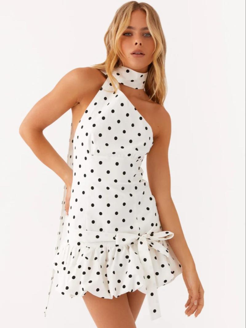 Women's Solid / Polka Dot Print Knot Front Dress, Casual Sleeveless Short Dress for Party Club Dating Wear, Ladies Summer Clothes