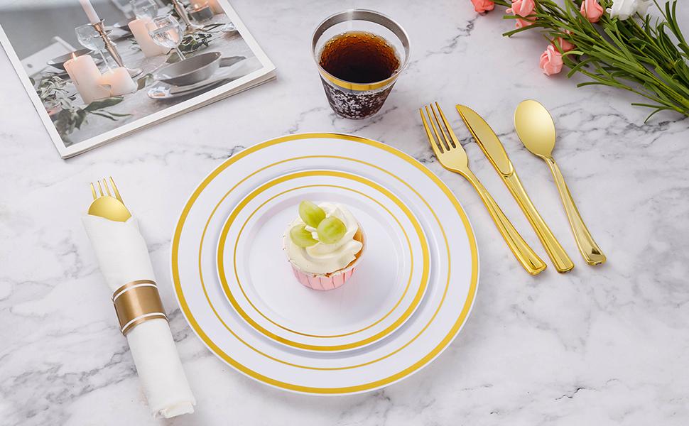 GOODLUCK 350PCS Gold Disposable Dinnerware Set for 50 Guests Includes 50 Plates Napkins Silverware & Cups Perfect for Weddings Parties Christmas & Baby Showers GOODLUCK 350PCS Gold Disposable Dinnerware Set for 50 Guests Includes 50 Plates Napkins Silverware & Cups Perfect for Weddings Parties Christmas & Baby Showers