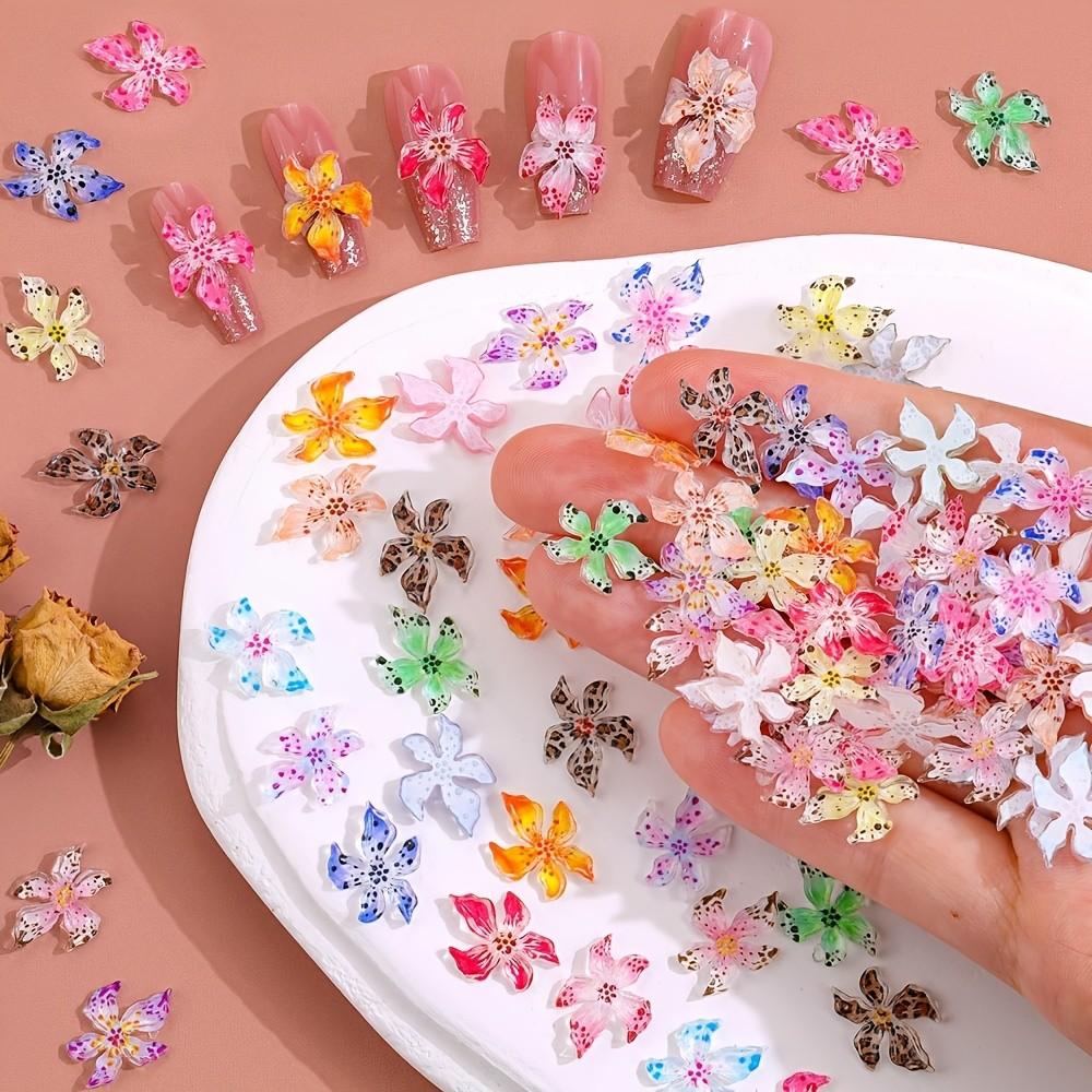 50 Resin Flower Nail Art Decorations, 1.2-1.4cm, Soft Elastic, Vibrant Colors, Leopard Print, Non-Fading 3D Nail Accessories, DIY, Salon, Home Use
