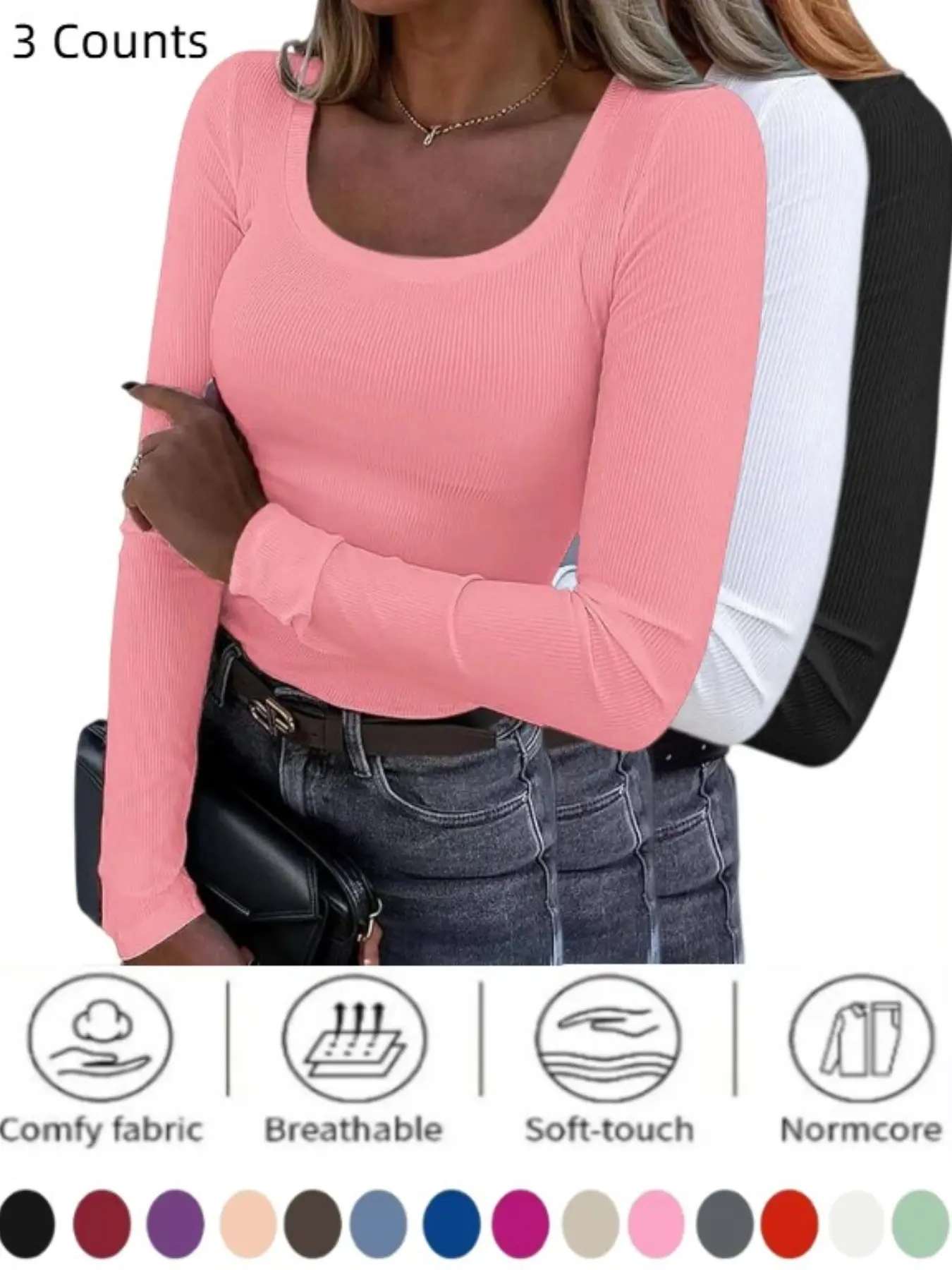 Women's 3-Piece Long Sleeve Square Neck T-Shirt, Tops, Slim Fit, Ribbed Texture, Casual Style, Comfortable and Stylish for Daily Wear