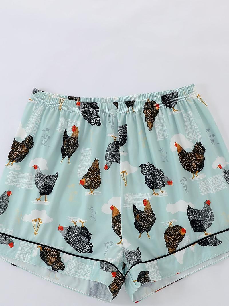 Women's Summer Cool Short Sleeve Sleepwear Set, 2 Piece Button Front Top and Elastic Shorts, Cartoon Chicken Print, All Seasons Comfortable Fit