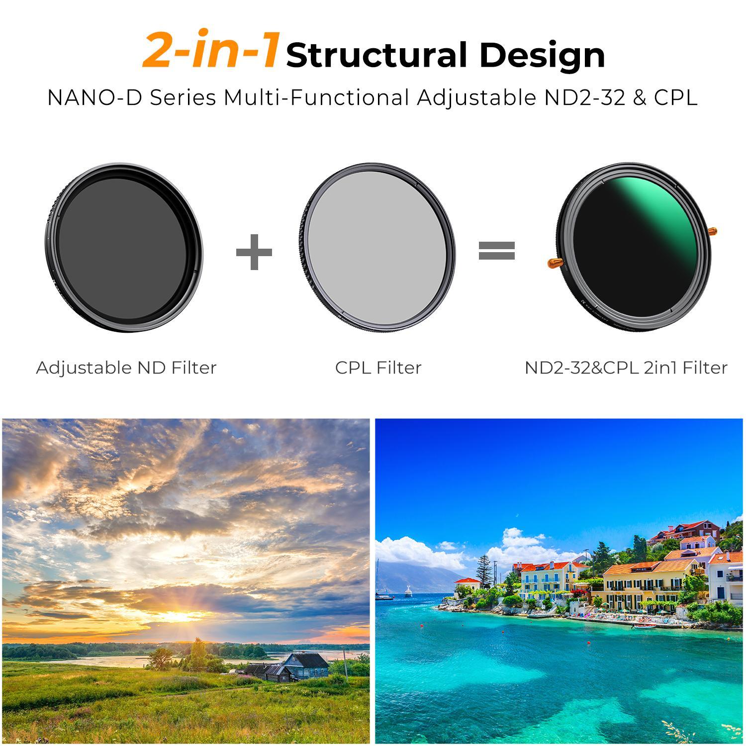 【K&F CONCEPT】 ND2-32 Variable Fader ND Filter and CPL Circular Polarizing Lens Filter in 1 for Camera Lens Waterproof Neutral Density Polarizer Filter (Nano-D Series) 【K&F CONCEPT】 ND2-32 Variable Fader ND Filter and CPL Circular Polarizing Lens Filter in 1 for Camera Lens Waterproof Neutral Density Polarizer Filter (Nano-D Series)