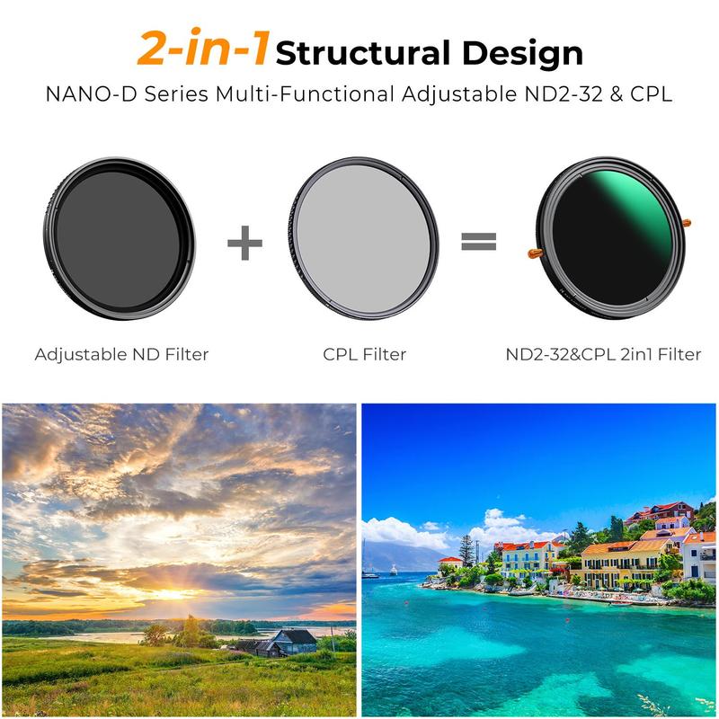 【K&F CONCEPT】 ND2-32 Variable Fader ND Filter and CPL Circular Polarizing Lens Filter in 1 for Camera Lens Waterproof Neutral Density Polarizer Filter (Nano-D Series)