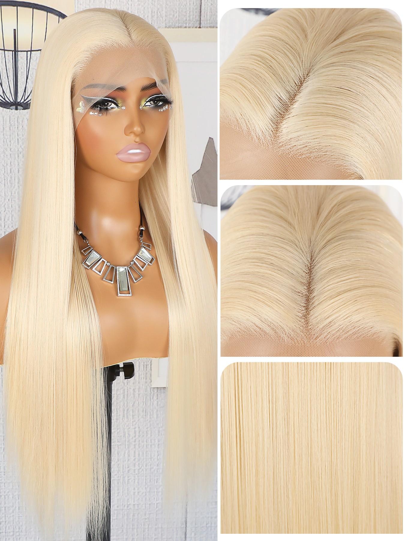 Women\'s light blonde Glueless Synthetic Lace Front Pre-Plucked Hairline 28 Inch Blonde Lace Front Wig Synthetic Light Blonde Wavy Barbados  main image 3