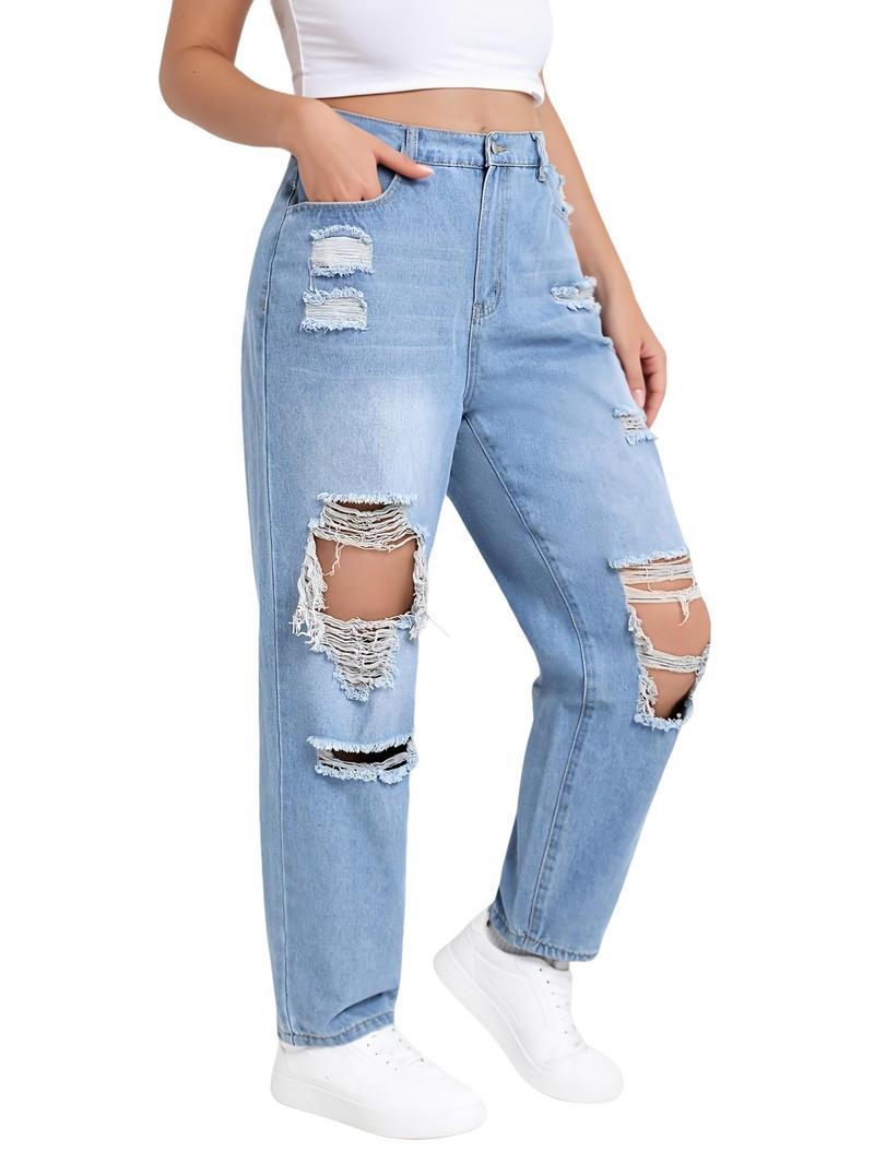 Women's Plus Size High Waist Loose Fit Jeans, Fashionable Ripped Long Pants, Casual Denim Trousers for Comfort and Style
