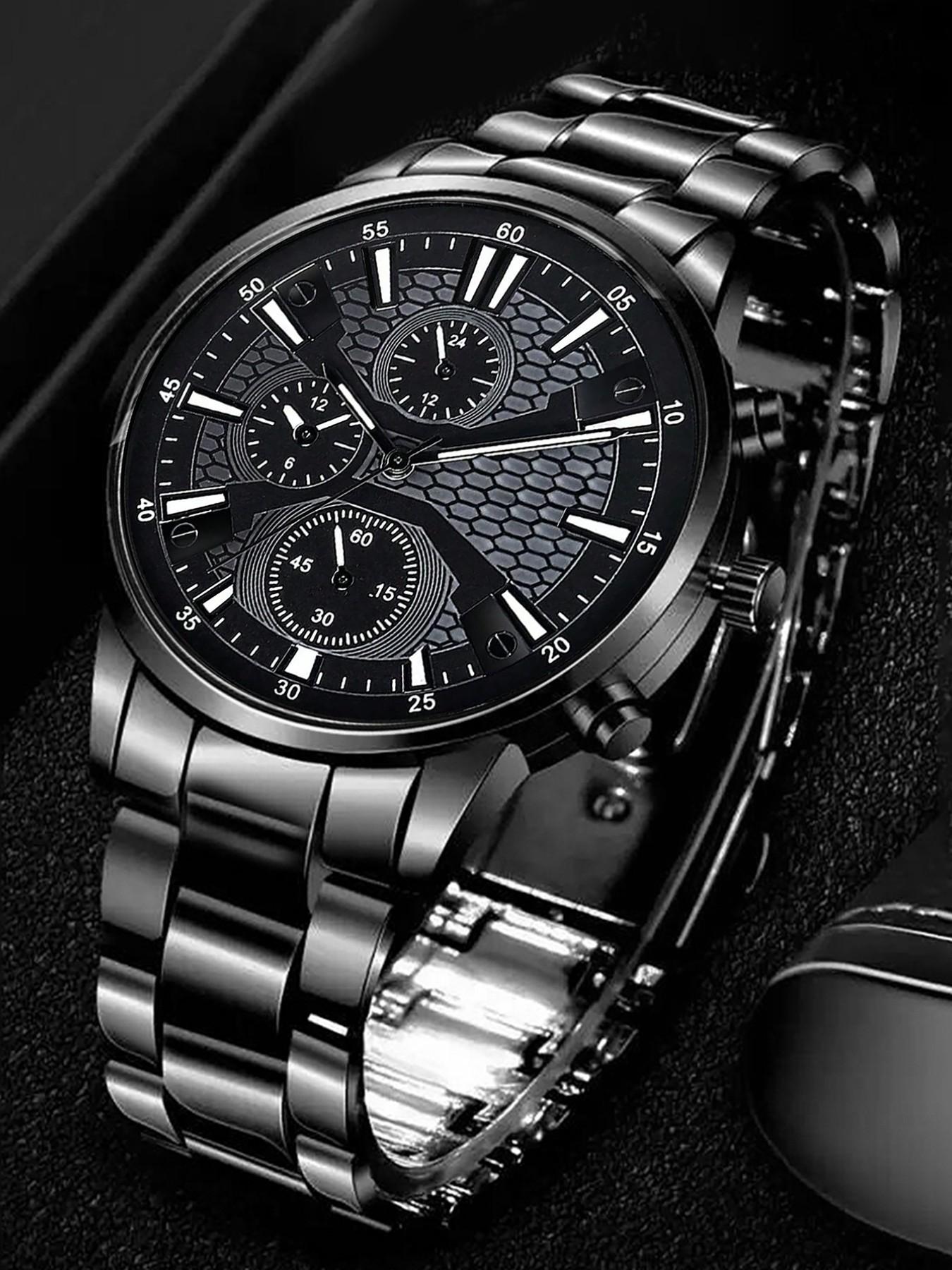 4pcs Men's Fashion Elegant Watch Set, Stainless Steel Quartz Wristwatch, Includes Bracelet, Necklace, Ring, Ideal Gift for Business or Casual Wear