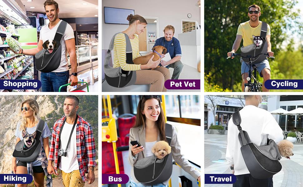 Pawaboo Pet Dog Sling Carrier, Hand Free Drawstring Dog Papoose with Adjustable Strap, Breathable Mesh Bag for Puppy Cat, Crossbody Satchel Dog Purse with Pocket for Outdoor, Dark Gray+Black