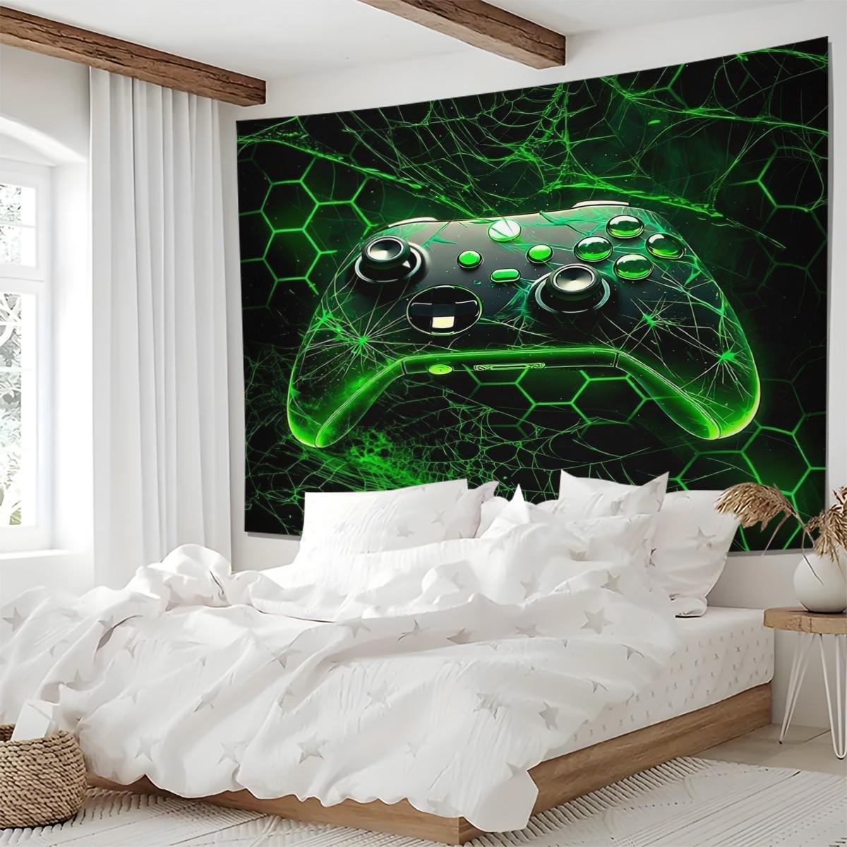Green Honeycomb Gaming Controller Kids' Tapestry, Video Game Controller Gamer Tapestry, Boys' and Men's Room Decor, Geometric Honeycomb Hexagon Tapestry, Stylish Home Wall Decor