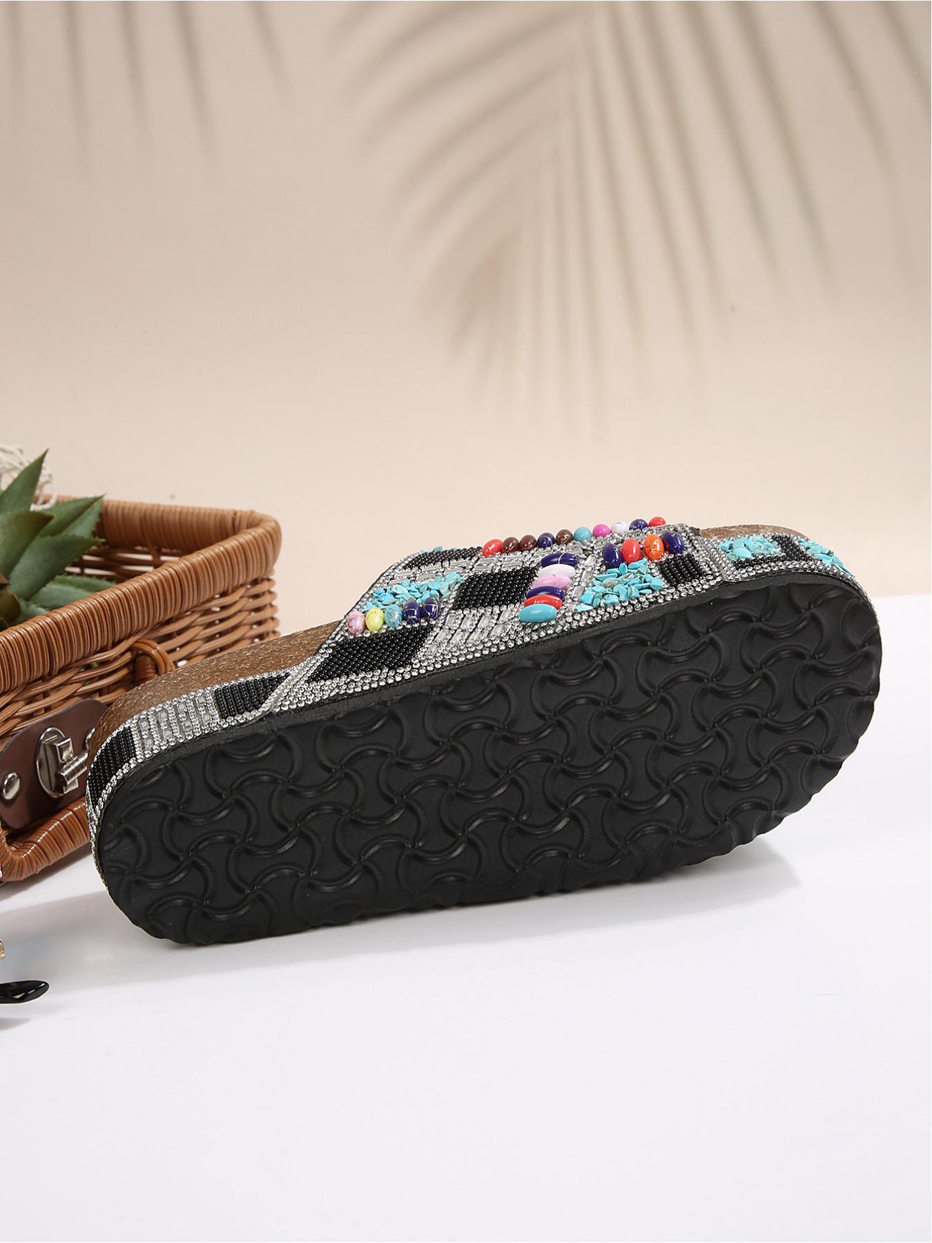 Bohemian Ethnic Style Strappy Metal Buckle Height-Increasing Holiday Beach Shoes, Dopamine Colors Y2K Hot Girl Must-Have Full Rhinestone Thick Sole Slides Women's 2026 New Summer Fashion Thick Sole Sandals