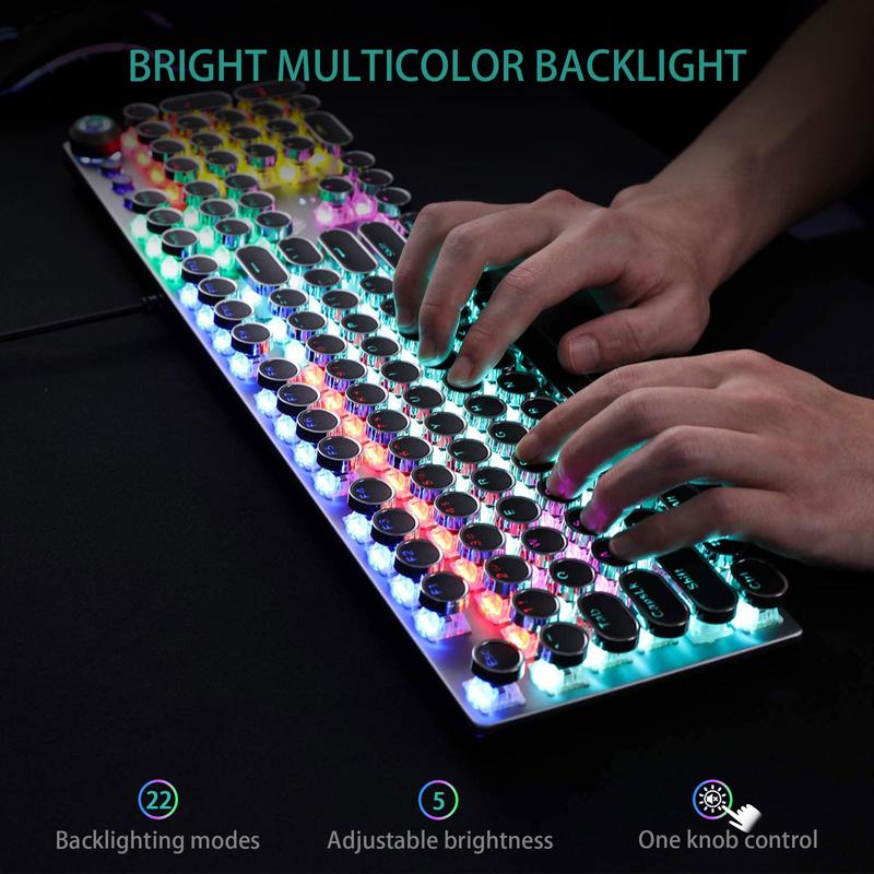 AULA F2088 Full Size Wired Transparent Mechanical Gaming Keyboard Typewriter Style, Blue Switches,Rainbow LED Backlit,Removable Wrist Rest,Media Control Knob,Retro Punk Round Keycaps,USB Computer Keyboard TikTokShopfalldealsforyou