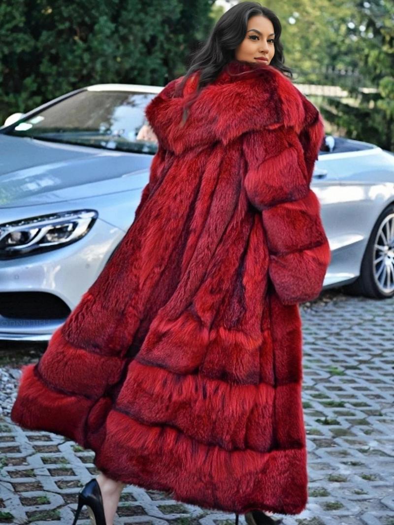 Women's Faux Fur Coat, Elegant Long Sleeve Hooded Design, Soft Fox Fur Patchwork, Loose-Fitting Winter Outerwear for Travel Christmas New Year