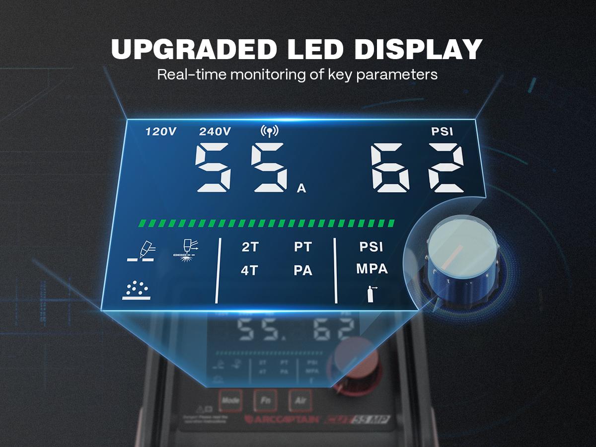 ARCCAPTAIN iControl [Non-HF] Plasma Cutter CUT55 MP with APP Control, 55Amp Blowback Pilot Arc, 120V/240V, Upgraded LED Display, Grid Cutting, Rust Removal, Plasma Gouging, Pressure Detection