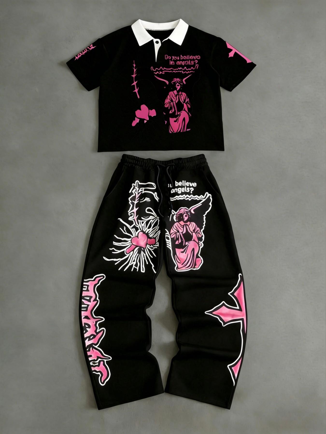 Y2K Streetwear Oversized Angel Graphic Polo Tracksuit Set, Gothic Pink Print 2 Piece Outfit, Casual Baggy Jogger Sweatpants & Crop Top, Harajuku Grunge Aesthetic Streetwear for Teen, Y2K Fashion 2026, Street Style Tracksuit
