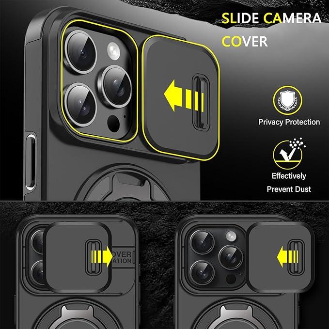 Case with Slide Camera Cover for iPhone 16 15 14 13 12 Pro Max, Rotated Ring Kickstand Military Grade Shockproof Protective Cover Rugged Heavy Duty For Men Women
