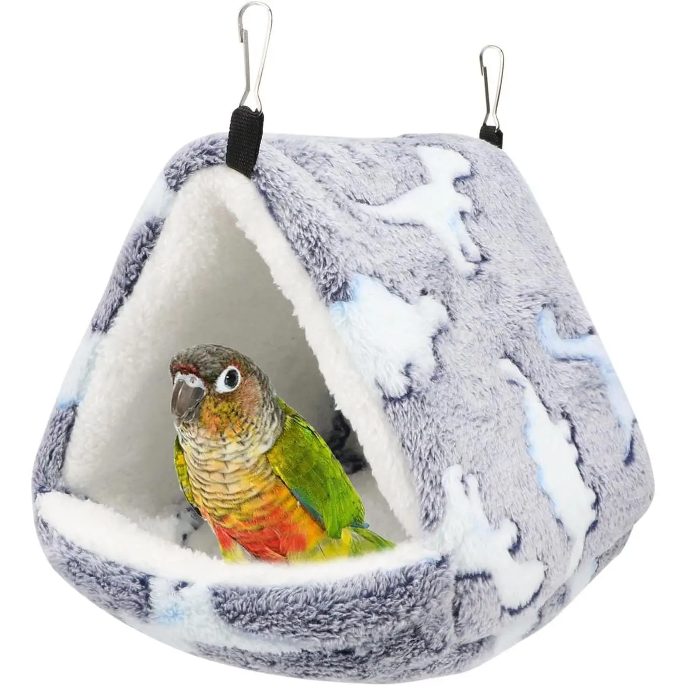Winter Warm Thick Plush Fluffy Triangle Cotton Bird Nest Hanging Hammock Hideaway Hut for Parrot Budgies Parakeets Cockatiels Conures Hamster Grey L