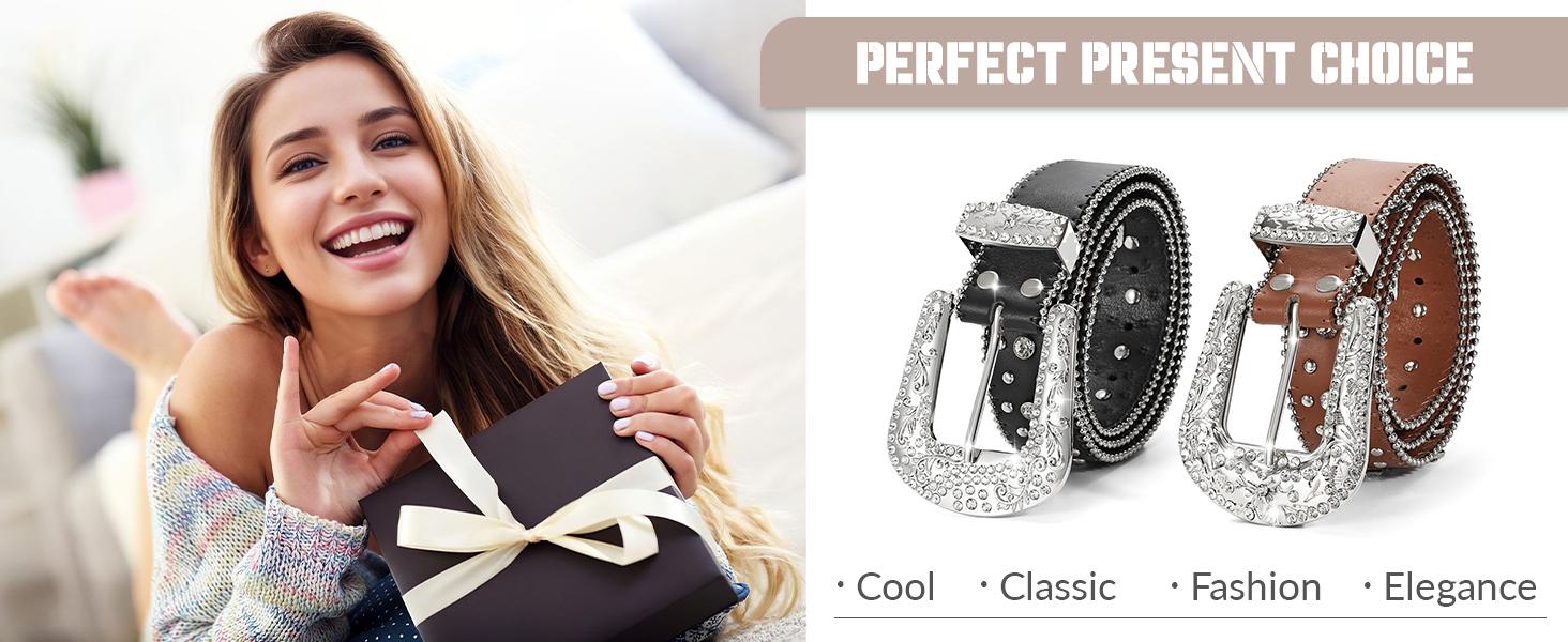 JASGOOD Rhinestone Studded Belt for Men Women, Western Leather Belt for Cowgirl Cowboy Vintage Bling Belt for Pants Dress