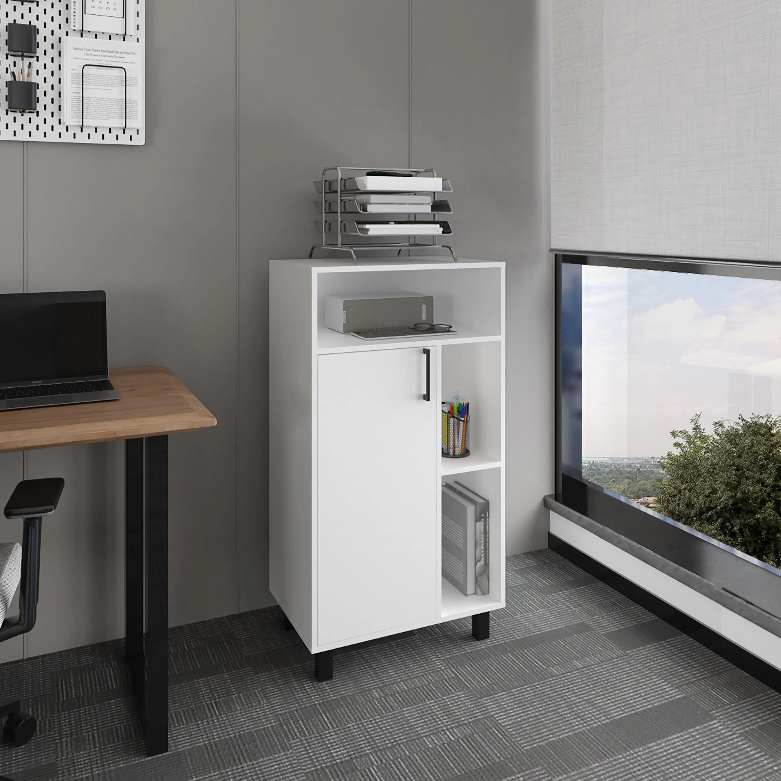 Nokaa White Storage Cabinet with 1 Door and 3 Shelves, Engineered Wood Cupboard for Office, Home, Workspace, Ready to Assemble, 23.6"W x 15.7"D x 43.6"H, Sturdy 4-Leg Base, CARB Phase II Compliant, White Color Options, Engineered Wood Material
