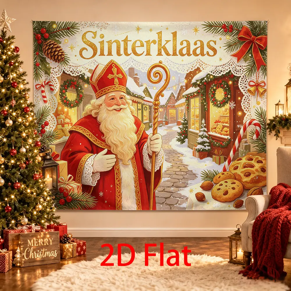 Sinterklaas Backdrop, Saint Nicholas Snowy Village Candy Cane Cookies Gifts Winter Holiday Photo Background