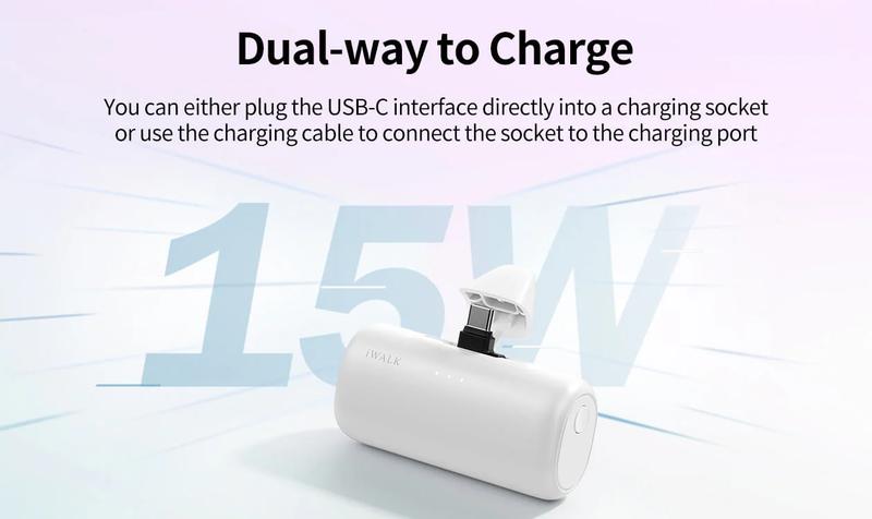 iWALK 5000mAh 2-in-1 USB-C&Lightning Portable Charger Switchable Plug Compact Easy to Carry USB Rechargeable Powerbank for iPhone Samsung Android Switch Smartphone Charging - Electronic Cellphone