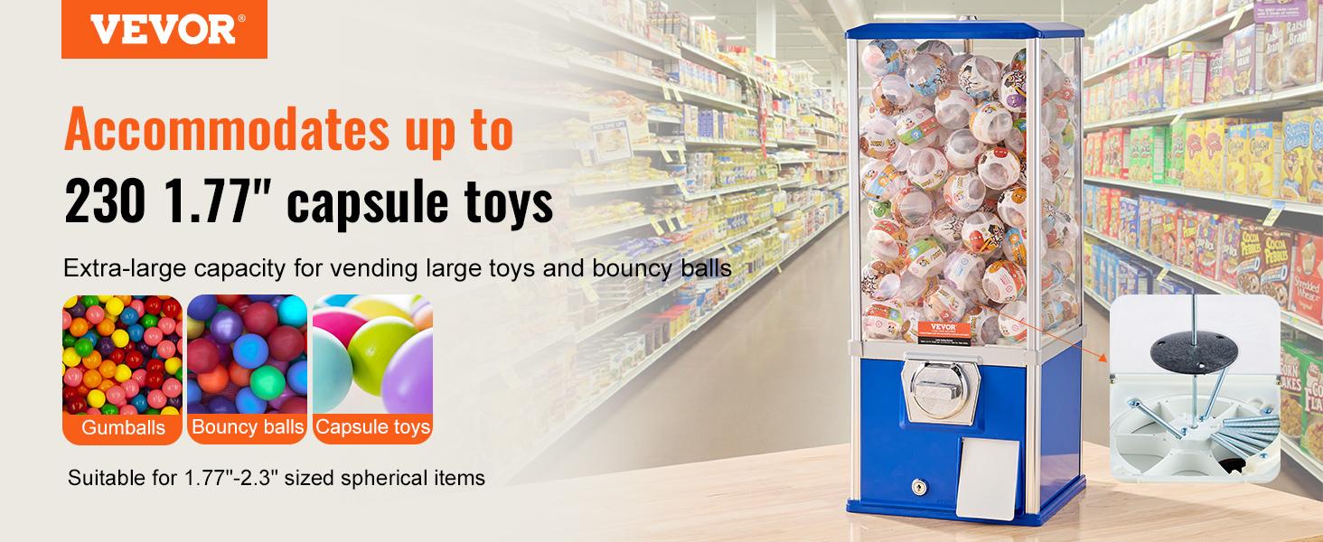 VEVOR Gumball Machine for Kids, 25 Height Home Vending Machine, PS Bouncy Balls Dispenser, Hold 230 Capsule Toys, Rectangle Bubble Gum Machine for Game Stores, Coin Operated Gumball Bank, Blue