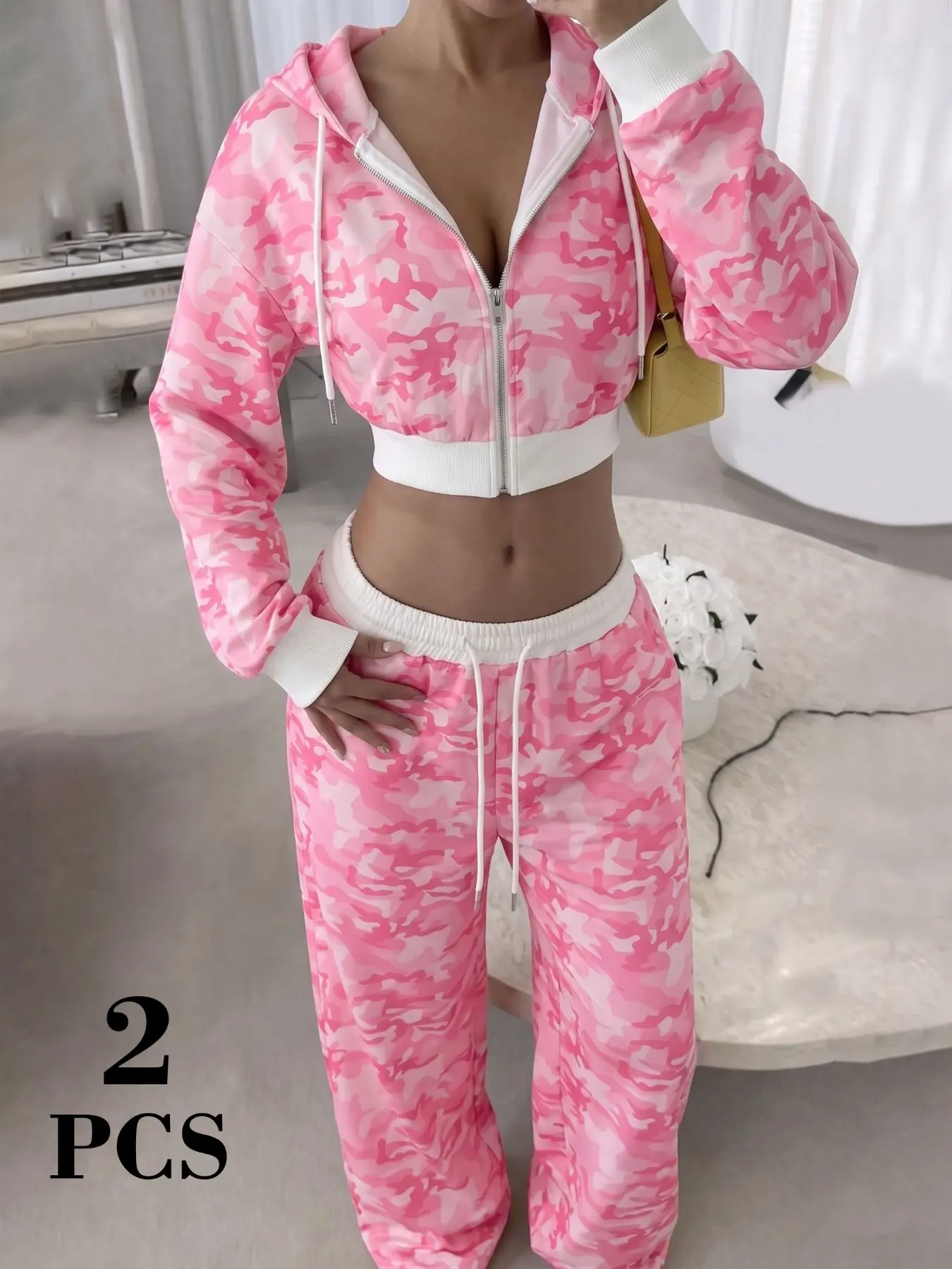 Women Pink Camo Print Cropped Zip Up Hoodie Co-ords Two Piece Outfit Set, Drawstring Hood Long Sleeve Jacket And High Waist Wide Leg Sweatpants Tracksuit, Casual Slim Fit Matching Loungewear Suit, Y2K Coquette Streetwear Aesthetic Matching Sets, Trendy Da
