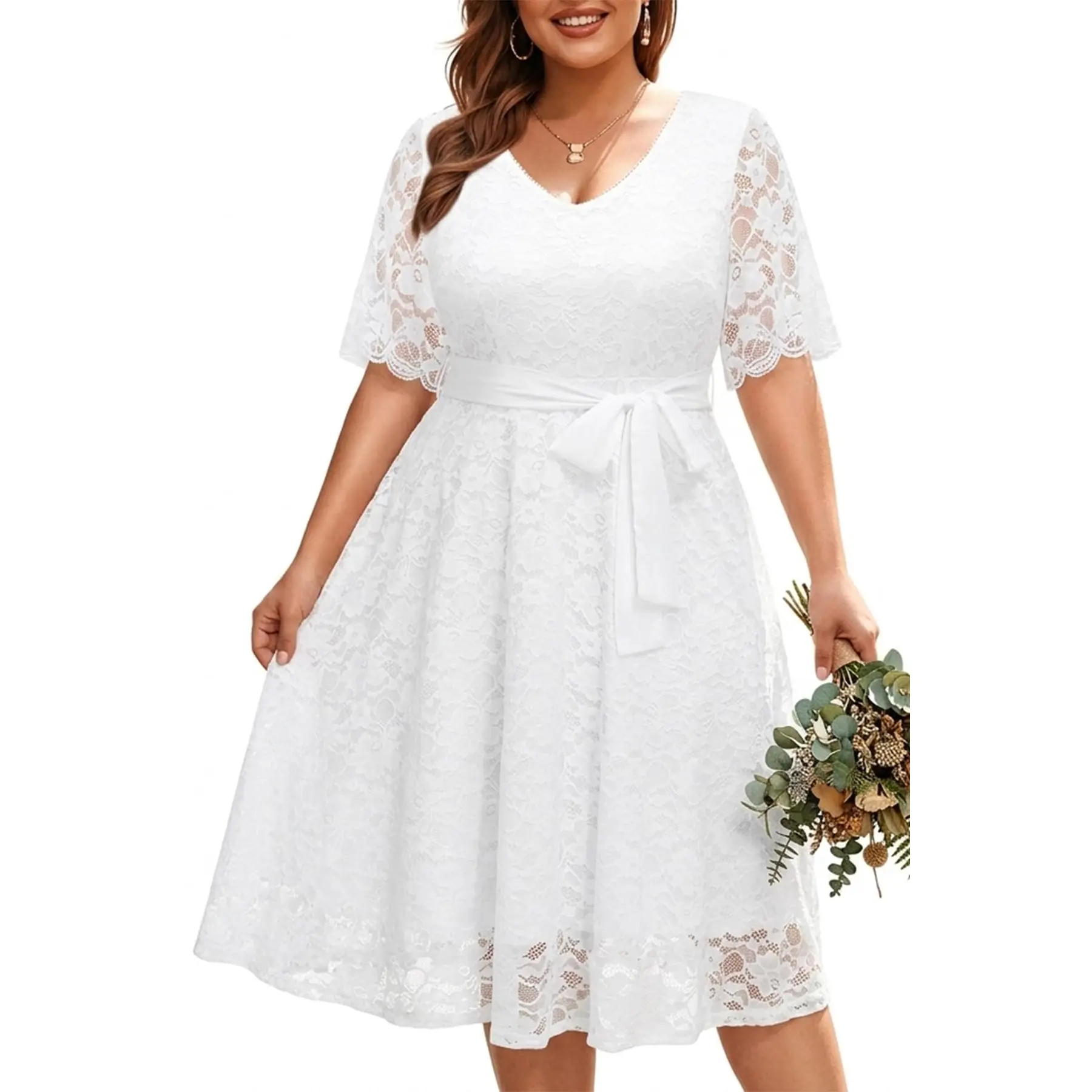 Pinup Fashion Women's Plus Size Lace Midi Dress - V-Neck, Short Sleeve, Modest, Chic, Casual, Birthday, Bridal Shower, Premium Fabric, Wedding Guest Dresses