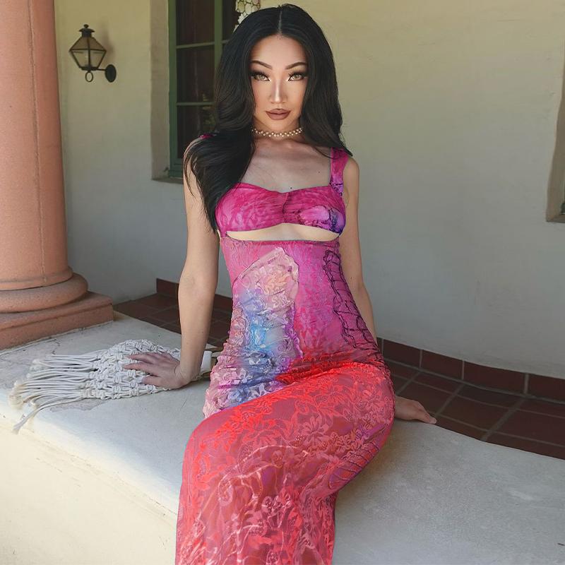 Sexy Mesh Print Sheer Sleeveless Dress Women's 2025 Summer Vacation Holiday New V Neck Bodycon Slim Casual Elegant Dress for Party Club Maxi Dresses