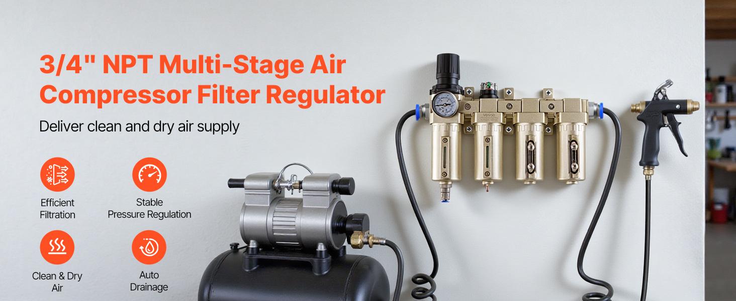 VEVOR Air Compressor Filter Regulator, 3/4 NPT 4-Stage 5m 0.3m 0.1m 0.1m Air Drying System with Micron Filters Double Desiccant Dryer, Auto Drain Air Compressor Water Separator 175PSI Max