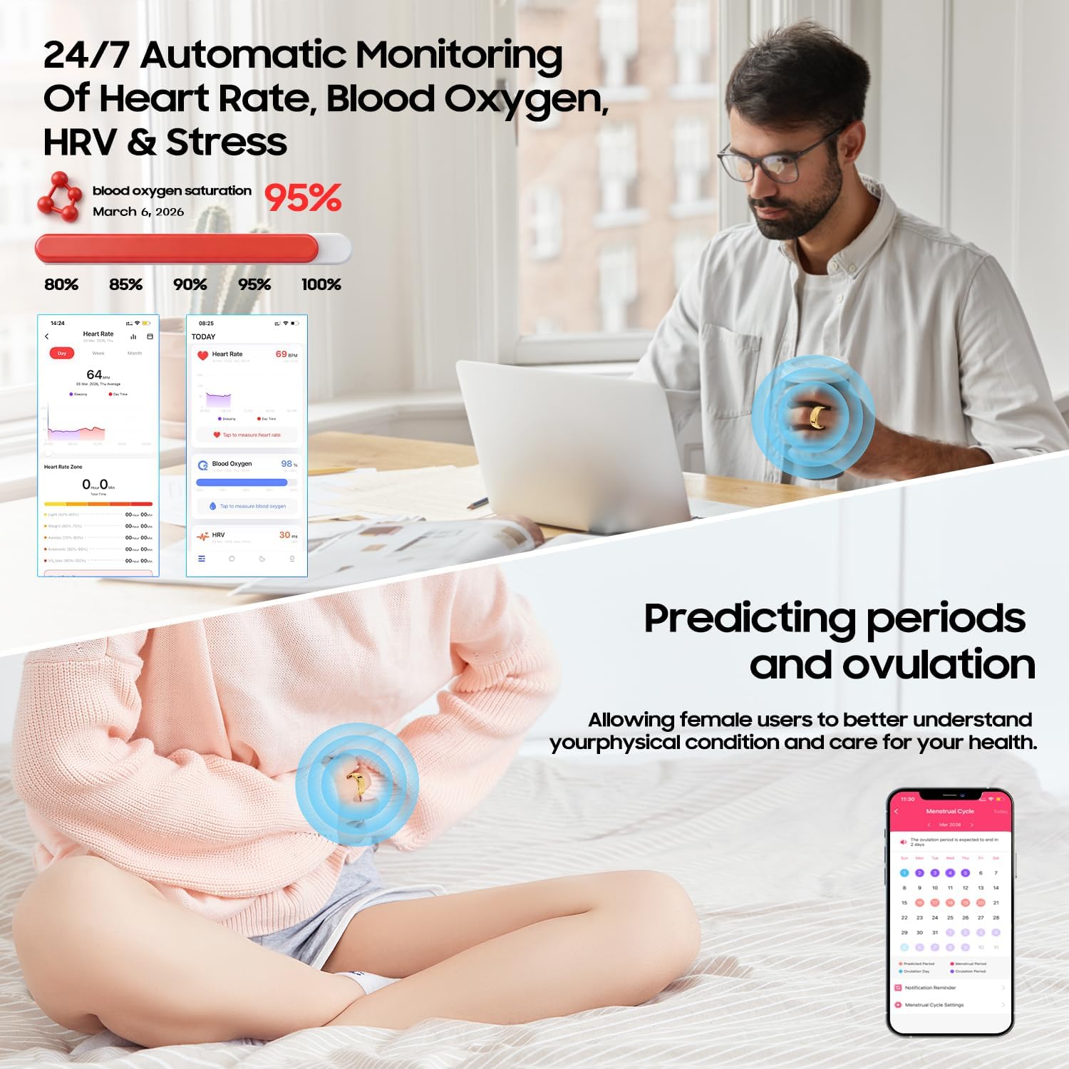 Optimized Precision Optical Sensor Smart Health Ring, Smart Ring for Women Men, Health Fitness Ring Gen 3 with Free App No Subscription Fee, Stress & Sleep Monitor, Heart Rate & Step Tracker, IP68 Waterproof, Android/iOS Compatible,, Wearable, Fitness Wea