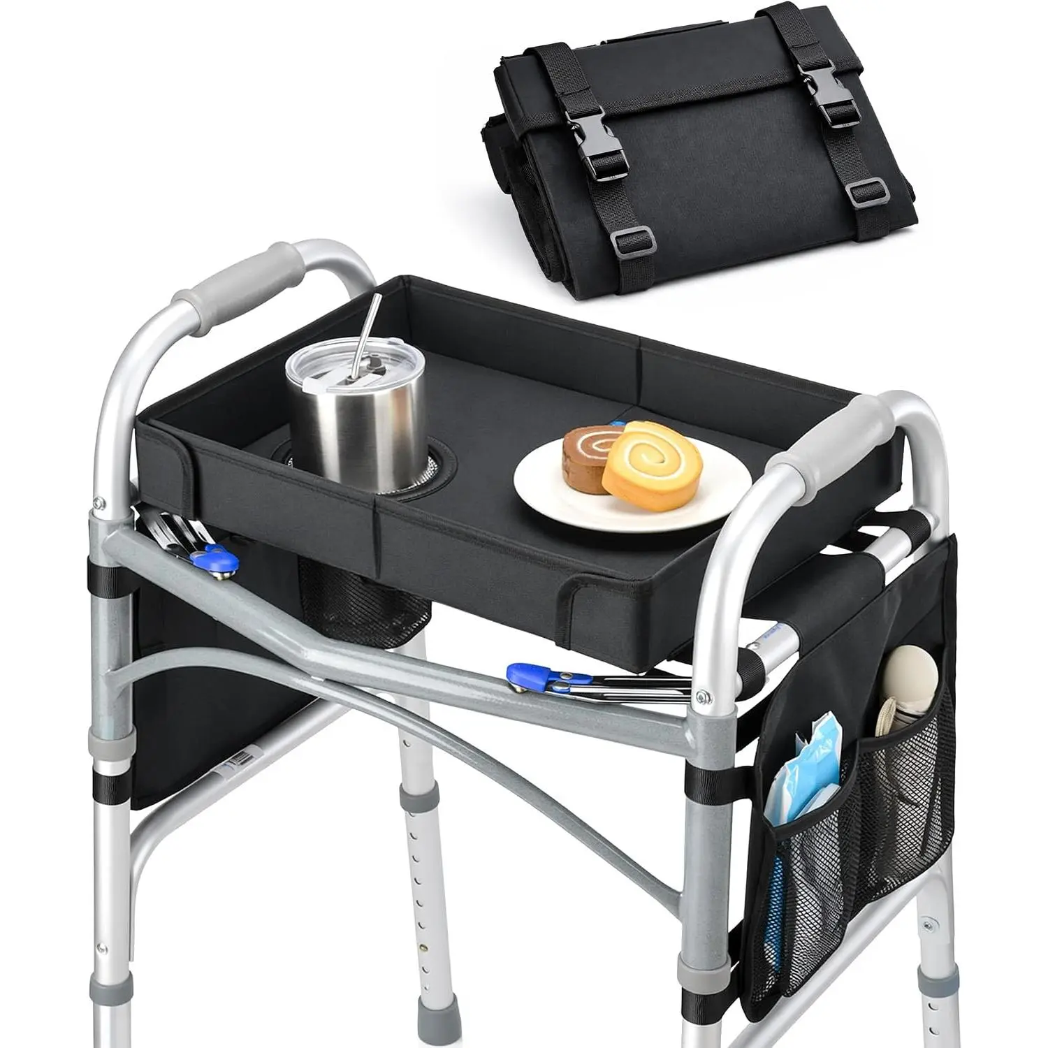 Walker Tray for Folding Walker – Foldable Tray for Walkers with Side Pockets & Cup Holder, Spill-Proof, Easy Install with Straps, Fits Rolling Walkers with Side Bars, for Meals & Drinks