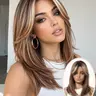 Gold Highlights Lockbone Wig, 16 Inches Medium-Length Natural Voluminous Air Bangs, Breathable Rose Inner Mesh, Comfortable Lightweight, Wigs with Bangs