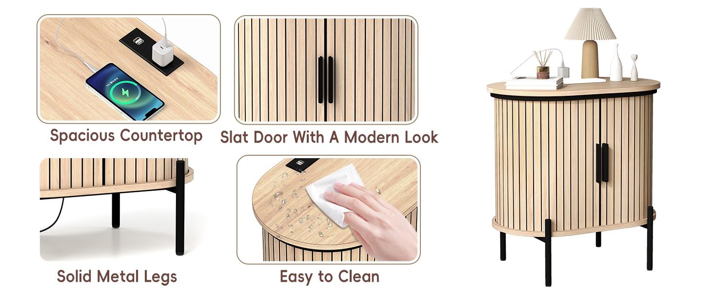 [SpringStatements] EBELLO Grooved End Table with Charging Station, Mid-Century Modern Nightstand, Entryway Cabinet for Living Room, Bedroom, Small Spaces, Walnut