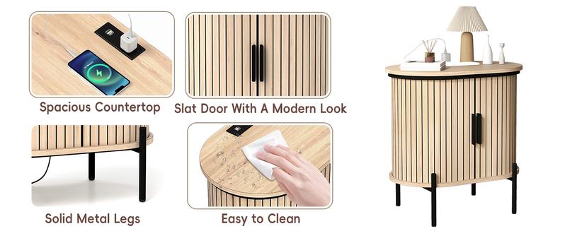 [TikTokShopBlackFriday] EBELLO Grooved End Table with Charging Station, Mid-Century Modern Nightstand, Entryway Cabinet for Living Room, Bedroom, Small Spaces, Walnut